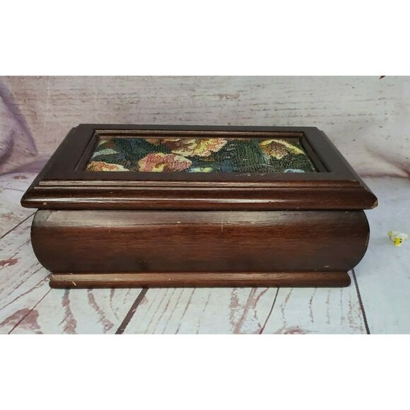 Vintage Brocade Fabric Velvet Lining Mirror 2 Tier Wooden Ring & Jewelry Box - Picture 7 of 12